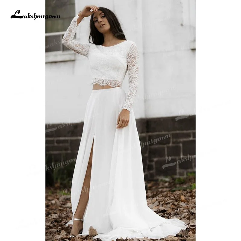 Flash Sales Roycebridal Two Piece A-Line Wedding Dresses Boat Neck Lace Corset Illusion Long Sleeve Sexy Open Back Sweep/Brush Train Chiffon Bride Gowns Flash Sales Roycebridal Two Piece A-Line Wedding Dresses Boat Neck Lace Corset Illusion Long Sleeve Sexy Open Back Sweep/Brush Train Chiffon Bride Gowns