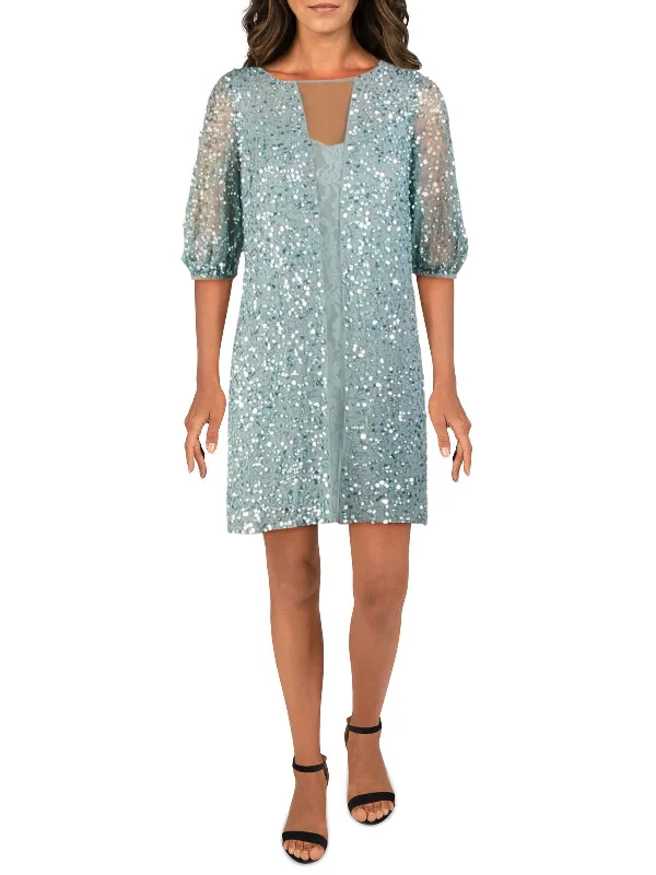 Plus-Size Women's Clothing Diana Womens Sequined Puff Sleeve Cocktail Dress