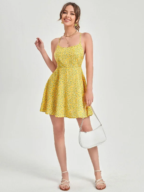 Clearance Sale, All Cheap AAHWAN Women's Yellow Floral Print Back Crisscross Mini Short Dress Clearance Sale, All Cheap AAHWAN Women's Yellow Floral Print Back Crisscross Mini Short Dress