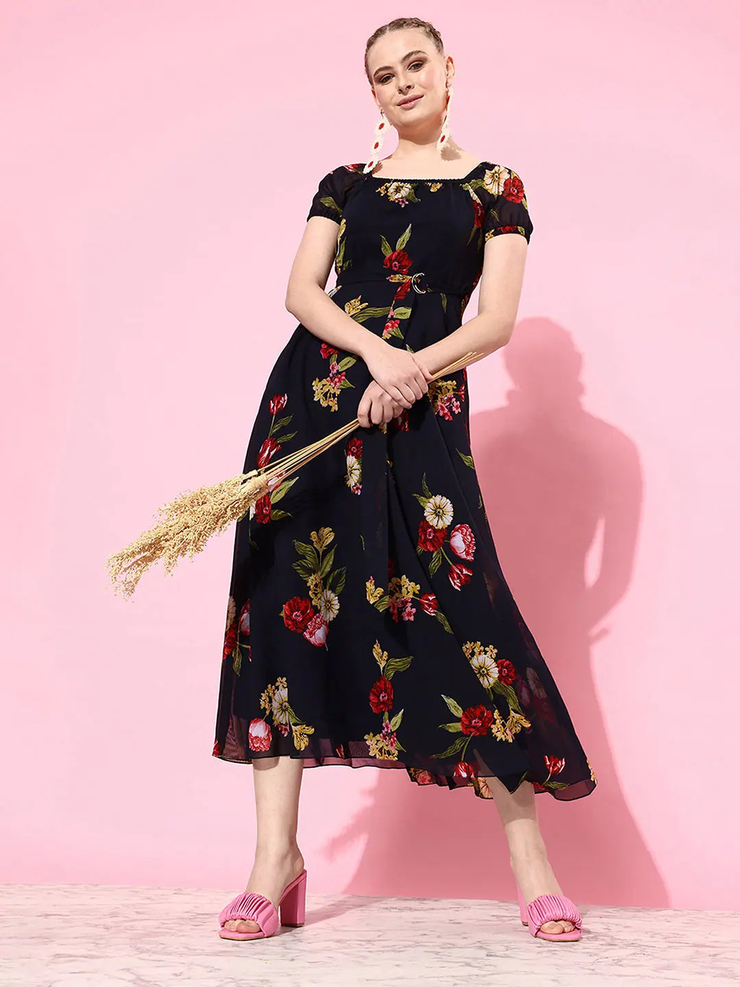 Must-Have Styles Our Little Secret Printed Flared Midi Dress Multicolored-Base-Navy
Blue