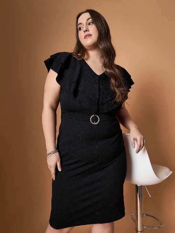 Trendy Boutiques Online Women Black Glitter Front Ruffle Detail Midi Dress