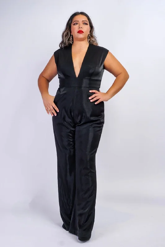 Hurry Before It's Gone Black Lux Sheen V Neck Aiden Jumpsuit