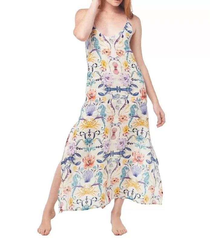 Women's Evening Apparel Frida Linen Slip Dress In Seahorses & Friends Ecru