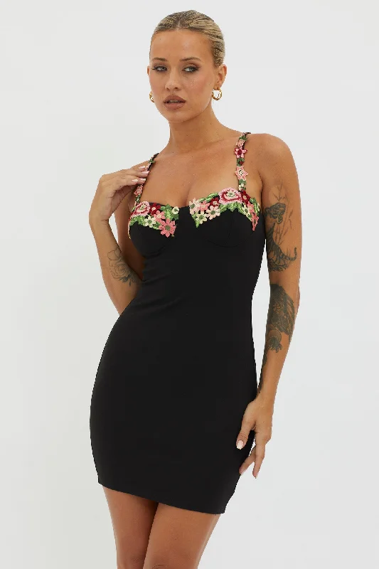 Sustainable Fashion Extravaganza Rose Garden Floral Applique Bodycon Mini Dress Black Sustainable Fashion Extravaganza Rose Garden Floral Applique Bodycon Mini Dress Black