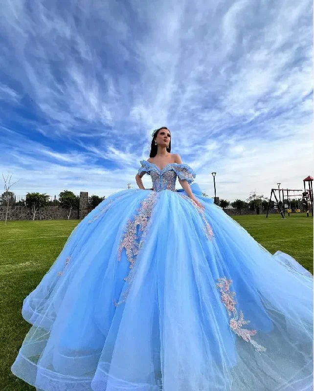 Cool Prices Sky Blue Princess Quinceanera Dresses Ruffles Peplum Off Shoulder Floral Applique Corset Cool Prices Sky Blue Princess Quinceanera Dresses Ruffles Peplum Off Shoulder Floral Applique Corset
