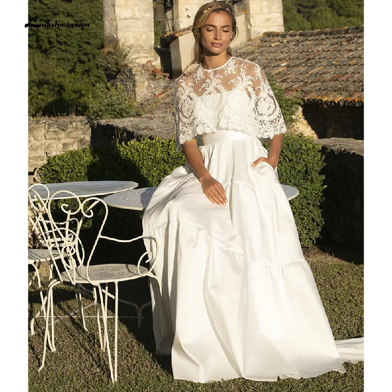 Seasonal Sale Roycebridal Spaghetti Straps Two Pieces Satin Lace Detachable Shawl Wedding Dresses With Back Buttons Simple Elegant vestidos de novia Seasonal Sale Roycebridal Spaghetti Straps Two Pieces Satin Lace Detachable Shawl Wedding Dresses With Back Buttons Simple Elegant vestidos de novia
