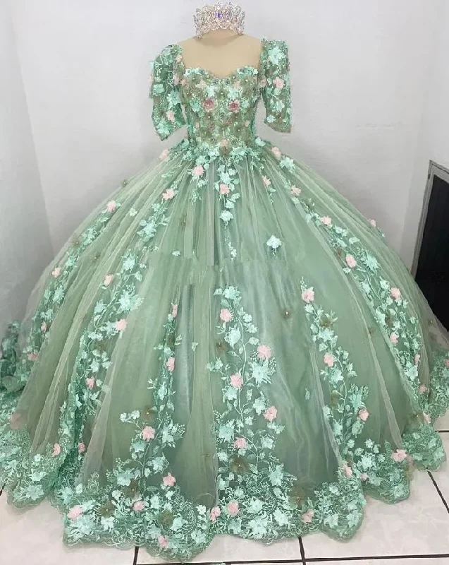 Casual Chic Vestido Verde Sage Princess Quinceanera Dresses with Sleeves Floral 3D Applique Leave vestidos de 15 años Prom Lace Up Casual Chic Vestido Verde Sage Princess Quinceanera Dresses with Sleeves Floral 3D Applique Leave vestidos de 15 años Prom Lace Up