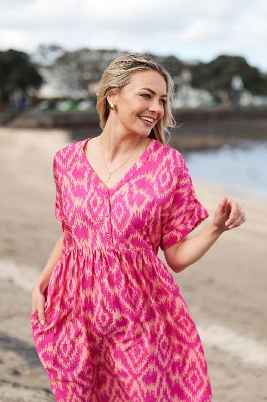 Massive Selection Sale Gloss by Shine On Joy Buttoned Midi Dress Pink Orange Abstract Print Massive Selection Sale Gloss by Shine On Joy Buttoned Midi Dress Pink Orange Abstract Print