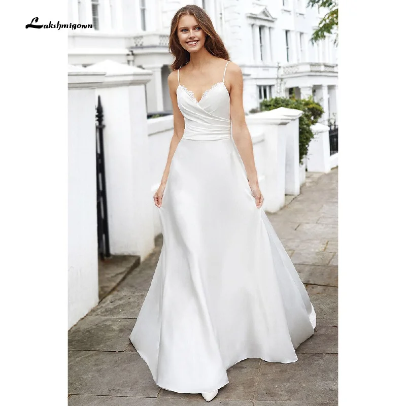 Exclusive Sale Roycebridal Simple Spaghetti Straps Off the Shoulder Satin Pleats Wedding Dresses With Back Buttons V Neck Backless Beach robe de mariée Exclusive Sale Roycebridal Simple Spaghetti Straps Off the Shoulder Satin Pleats Wedding Dresses With Back Buttons V Neck Backless Beach robe de mariée