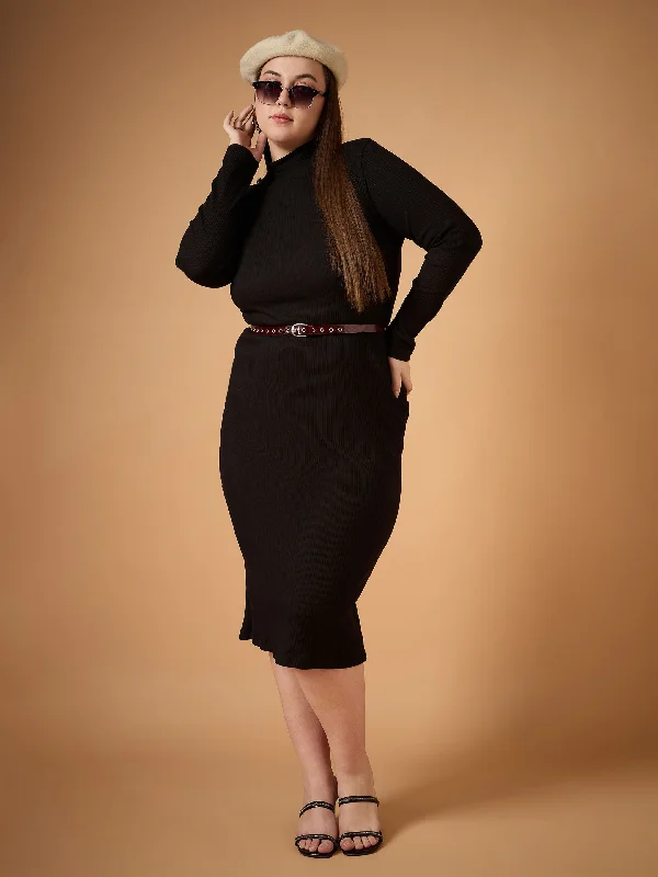 Online Shopping Boutiques Women Black Rib High Neck Midi Dress