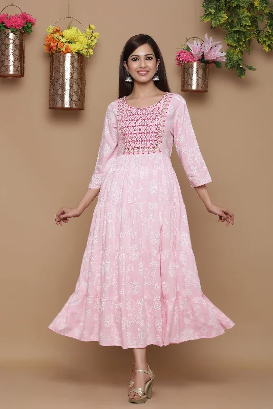 Women Clothes Juniper Baby Pink Ethnic Motif Printed Rayon Tiered Maxi Dress With Mirror Work Embroidery Women Clothes Juniper Baby Pink Ethnic Motif Printed Rayon Tiered Maxi Dress With Mirror Work Embroidery