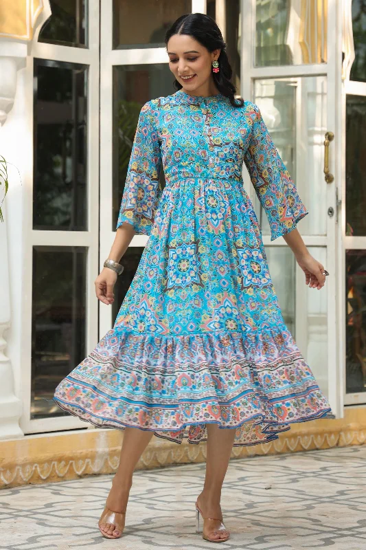 Best Boutiques Online Juniper Aqua Blue Geometric Printed Chiffon Tiered Maxi Dress With Buttons. Best Boutiques Online Juniper Aqua Blue Geometric Printed Chiffon Tiered Maxi Dress With Buttons.