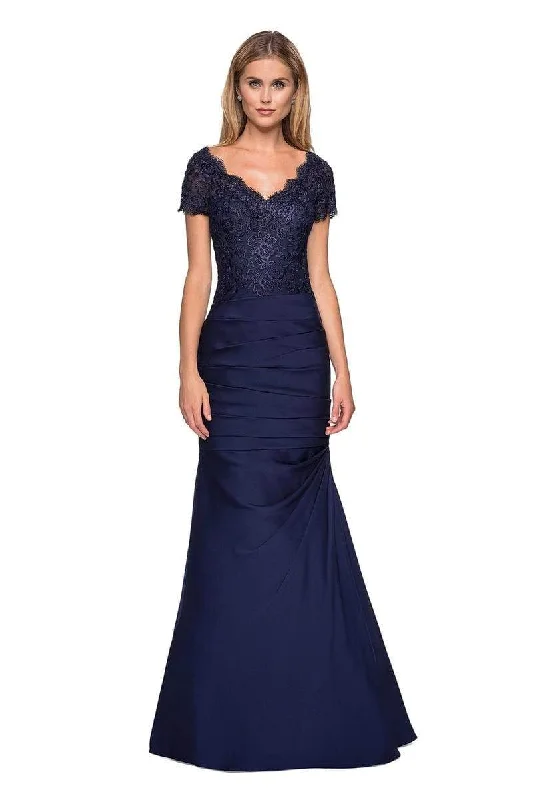 Women Wear Boutique La Femme - Short Sleeve Scalloped Lace Bodice Trumpet Gown 26979SC - 2 pcs Navy In Size 10 and 12 Available Women Wear Boutique La Femme - Short Sleeve Scalloped Lace Bodice Trumpet Gown 26979SC - 2 pcs Navy In Size 10 and 12 Available