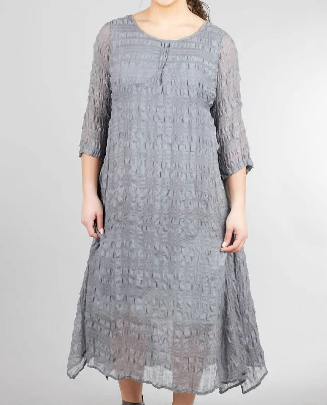 Vintage Retro Party Wear Airy Silk Pucker Sweep Dress In Slate