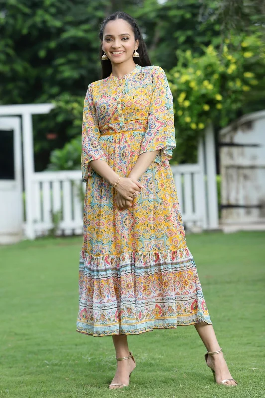 Online Boutiques Best Juniper Mustard Geometric Printed Chiffon Tiered Maxi Dress With Buttons. Online Boutiques Best Juniper Mustard Geometric Printed Chiffon Tiered Maxi Dress With Buttons.