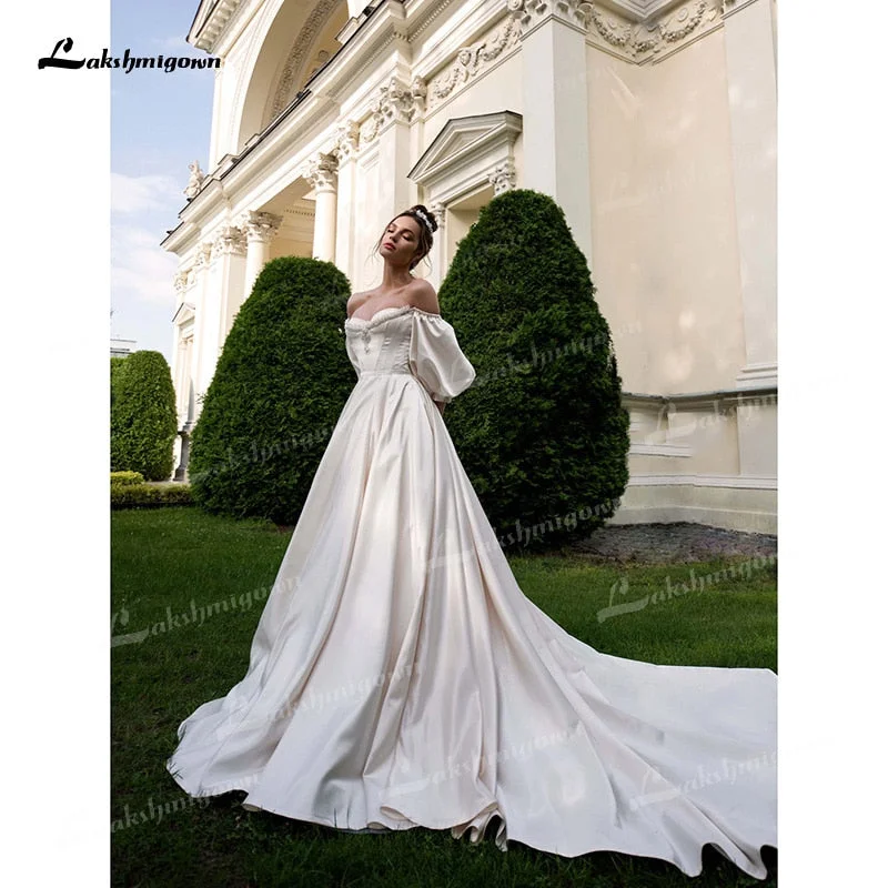 Graceful Fashion Roycebridal Soft Satin A-Line Wedding Dresses Sweetheart Neck Puff Half Sleeve With Beading Corset Open Back Chapel Train Bride Gowns Pleat Graceful Fashion Roycebridal Soft Satin A-Line Wedding Dresses Sweetheart Neck Puff Half Sleeve With Beading Corset Open Back Chapel Train Bride Gowns Pleat