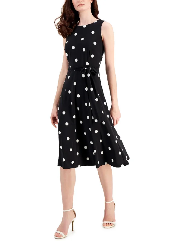 Last Chance For Amazing Deals Petites Womens Jersey Polka Dot Fit & Flare Dress