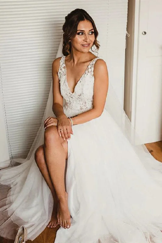 Day-To-Night Styles Roycebridal Tulle A-line V-neck Lace Wedding Dress With Side Slit, Wedding Gown, MW808 Day-To-Night Styles Roycebridal Tulle A-line V-neck Lace Wedding Dress With Side Slit, Wedding Gown, MW808