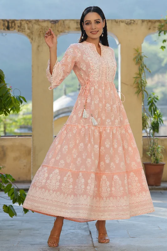 Women's Online Boutique Juniper Peach Ethnic Motif Printed Pure Cotton Tiered Maxi Dress With Sequins Work Women's Online Boutique Juniper Peach Ethnic Motif Printed Pure Cotton Tiered Maxi Dress With Sequins Work