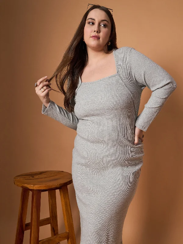 Online Boutiques Clothing Women Grey Mélange Rib Full Sleeves Midi Dress