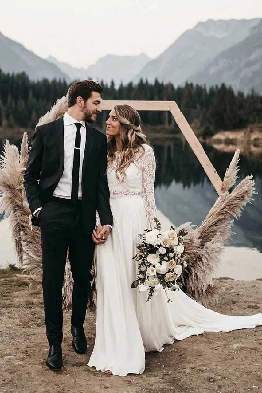 Massive Savings Roycebridal Two Piece Round Neck Lace White Chiffon Wedding Dress With Long Sleeves,MW392 Massive Savings Roycebridal Two Piece Round Neck Lace White Chiffon Wedding Dress With Long Sleeves,MW392