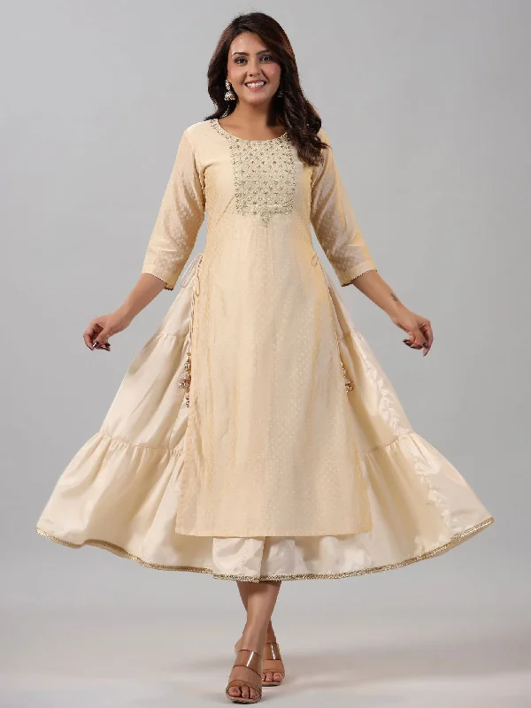 Sophisticated Style Juniper Gold Chanderi Ethnic Motif Printed Layered Maxi Dress with Zari Embroidery Sophisticated Style Juniper Gold Chanderi Ethnic Motif Printed Layered Maxi Dress with Zari Embroidery