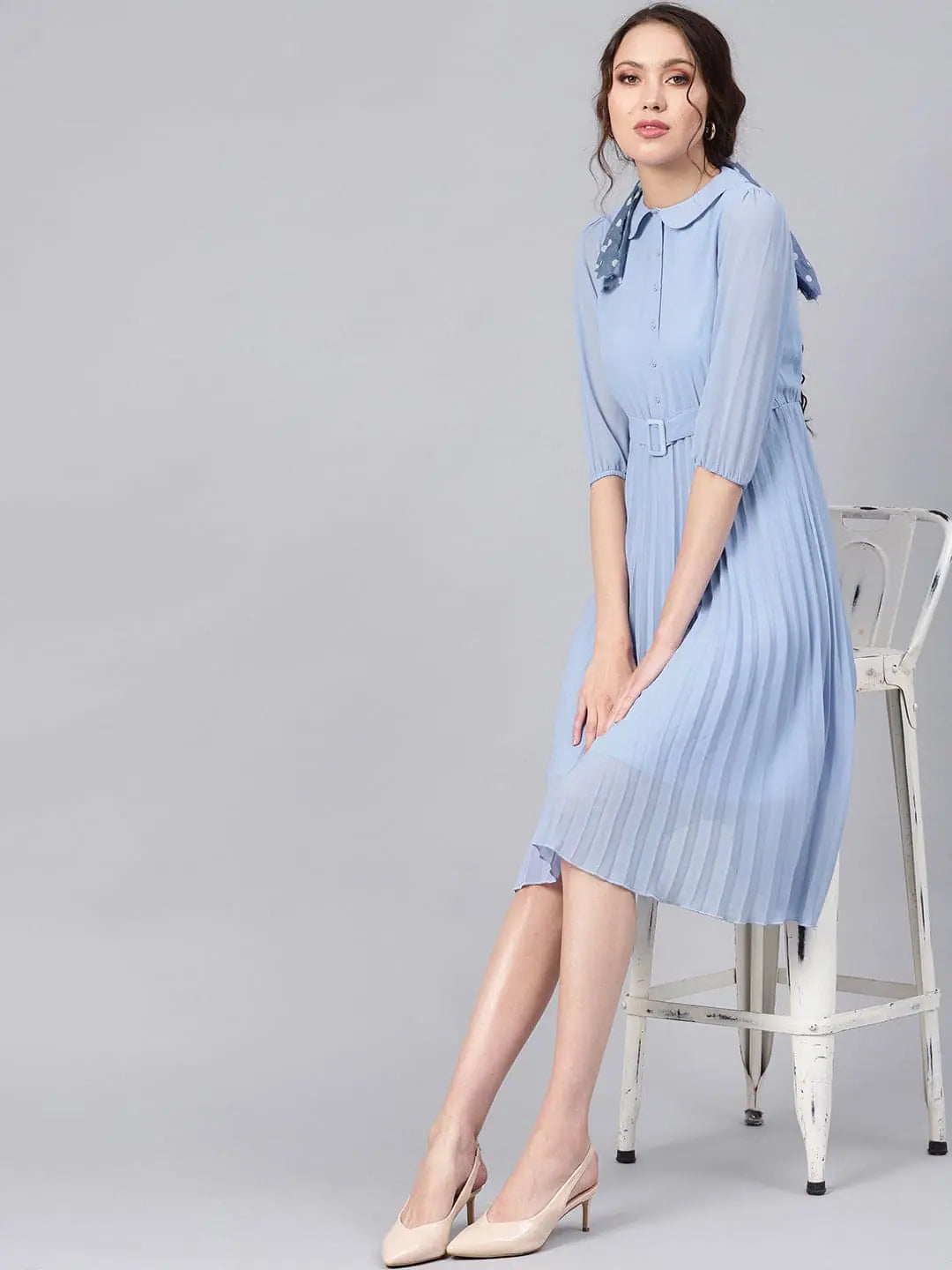 Best Clearance Sales Right Now Blue Peterpan Pleated Belted Midi Dress