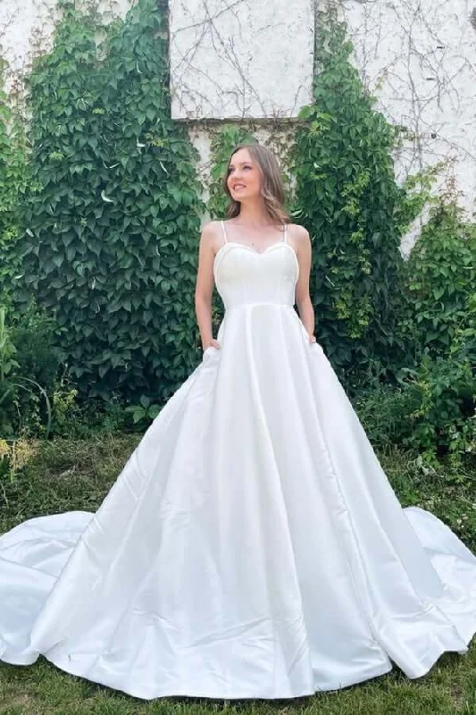 Luxury Fashion Roycebridal Simple White A-line Satin Spaghetti Straps Sweetheart Neck Wedding Dresses, MW757 Luxury Fashion Roycebridal Simple White A-line Satin Spaghetti Straps Sweetheart Neck Wedding Dresses, MW757