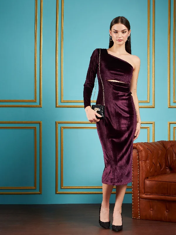 Women's Clothing Sale Online Women Burgundy Velvet Waist Cut-Out One Shoulder Midi Dress