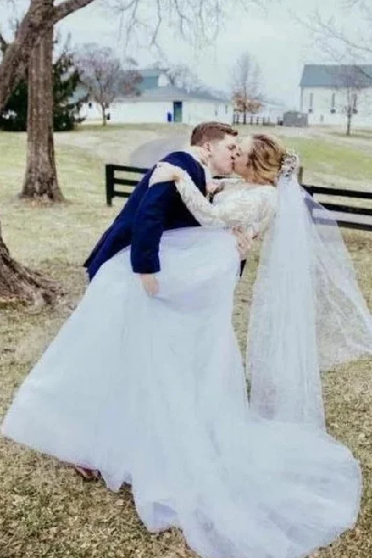 Trendy Fashion Sale Roycebridal Tulle Long Sleeve Beaded Floral Lace See Through Boho Wedding Dresses,MW489 Trendy Fashion Sale Roycebridal Tulle Long Sleeve Beaded Floral Lace See Through Boho Wedding Dresses,MW489