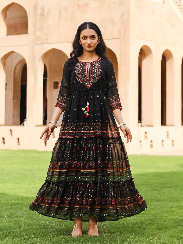 Athleisure Wear Black Ethnic Motif Printed Georgette Maxi Dress With Sequins & Doris At Waist Athleisure Wear Black Ethnic Motif Printed Georgette Maxi Dress With Sequins & Doris At Waist