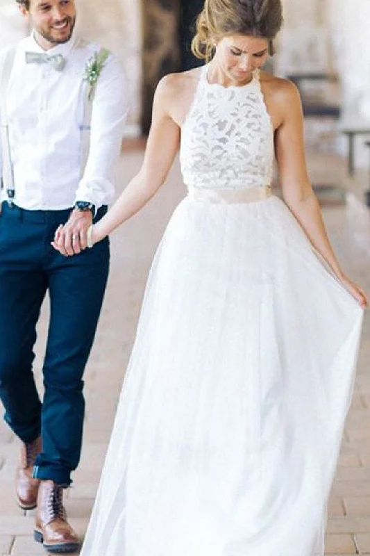 Imeless Style Roycebridal Simple White Halter Lace Long Sheath Beach Wedding Dresses Bridal Dresses, MW241 Imeless Style Roycebridal Simple White Halter Lace Long Sheath Beach Wedding Dresses Bridal Dresses, MW241