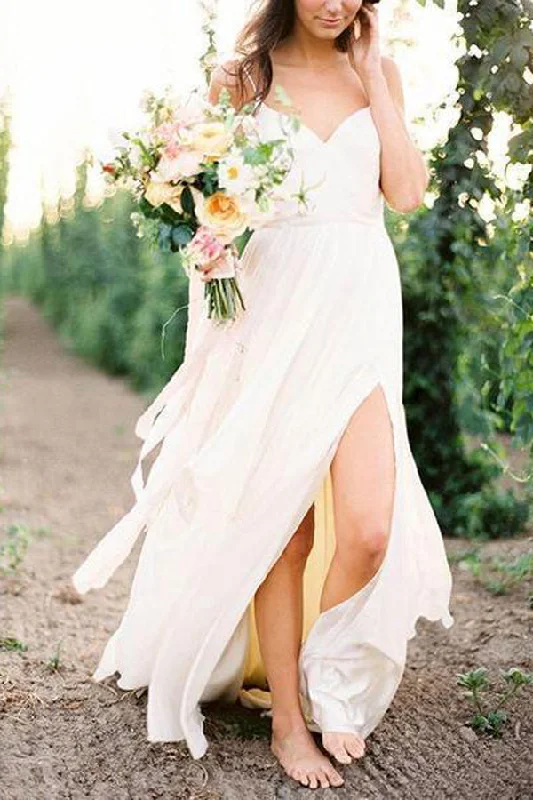 Elegant Style Roycebridal Simple Spaghetti Strap Summer Cheap Wedding Dresses with Slit, MW286 Elegant Style Roycebridal Simple Spaghetti Strap Summer Cheap Wedding Dresses with Slit, MW286