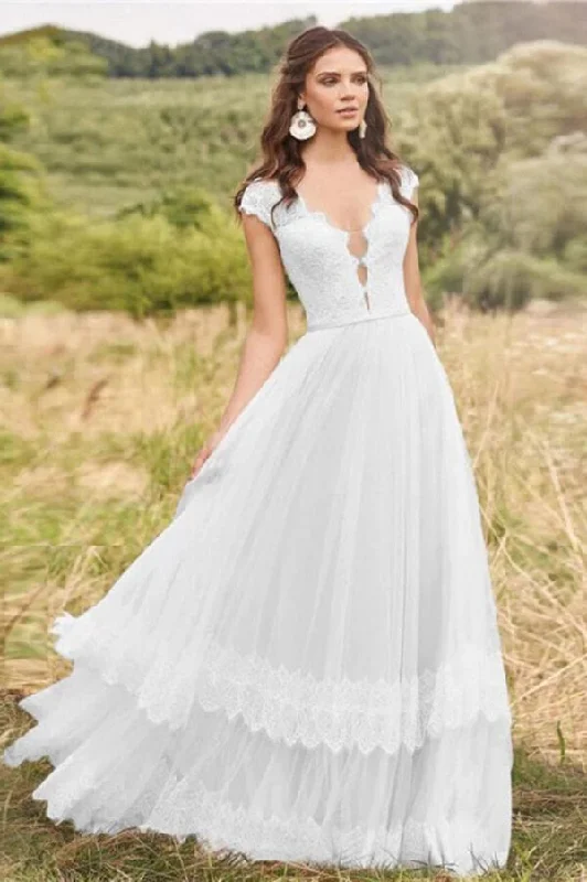 Inspired By You, Designed For You Roycebridal Tulle Lace A-line V-neck Cap Sleeves Rustic Wedding Dresses, Bridal Gown, MW751 Inspired By You, Designed For You Roycebridal Tulle Lace A-line V-neck Cap Sleeves Rustic Wedding Dresses, Bridal Gown, MW751