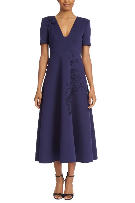Classic Women's Clothing Styles Laser Cut Fit & Flare Day Dress In Navy