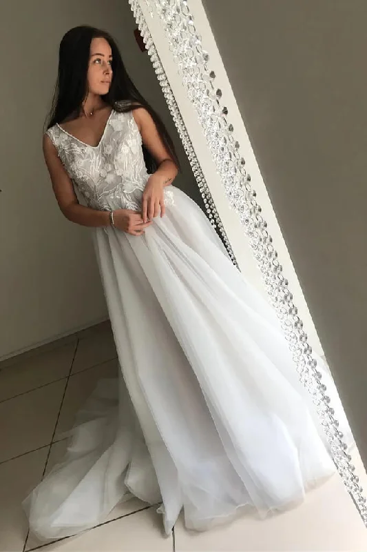 Shop Sale Items Roycebridal Tulle Lace Top A-line V-neck Wedding Dresses, Appliques Wedding Gown, MW763 Shop Sale Items Roycebridal Tulle Lace Top A-line V-neck Wedding Dresses, Appliques Wedding Gown, MW763