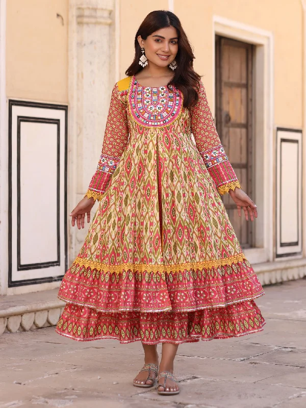 Limited Time Offer Juniper Green Cotton Ikat Printed Layered Maxi Dress With Thread Embroidery & Dori Tassel Tie-Up At Waist Limited Time Offer Juniper Green Cotton Ikat Printed Layered Maxi Dress With Thread Embroidery & Dori Tassel Tie-Up At Waist
