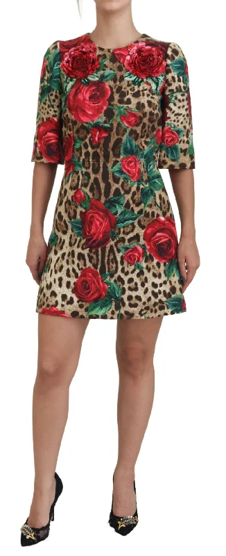 Comfortable Casual Wear Dolce & Gabbana  Leopard  Roses Cotton A-line Women's Dress