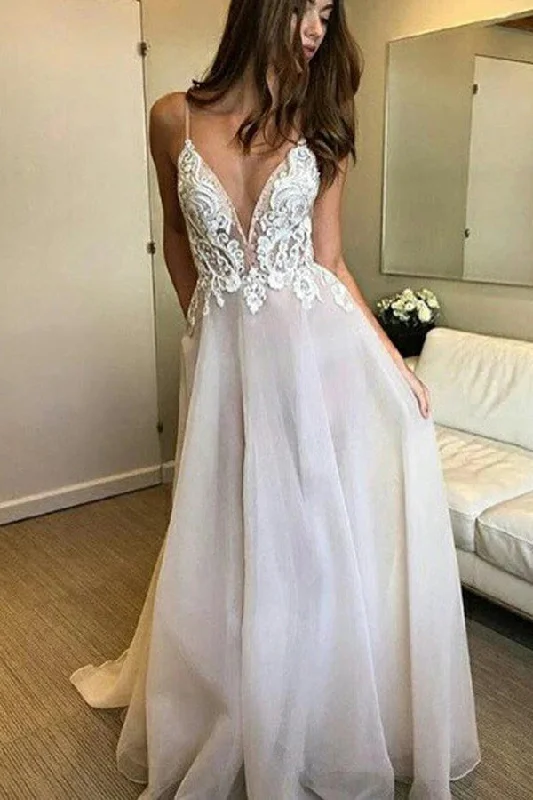 Minimalist Style Roycebridal Spaghetti Straps Deep V-neck Lace Appliqued Beach Wedding Dress, MW306 Minimalist Style Roycebridal Spaghetti Straps Deep V-neck Lace Appliqued Beach Wedding Dress, MW306