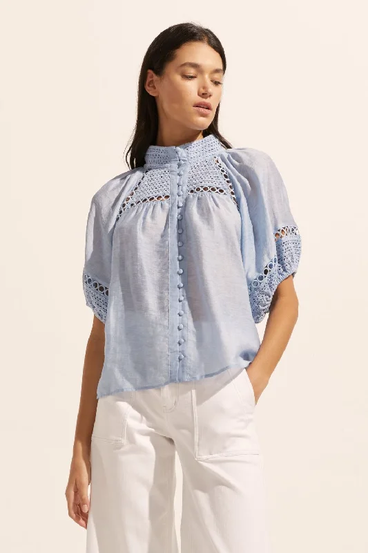 Trend Alert Roam Sky Blue Embroided SS Top