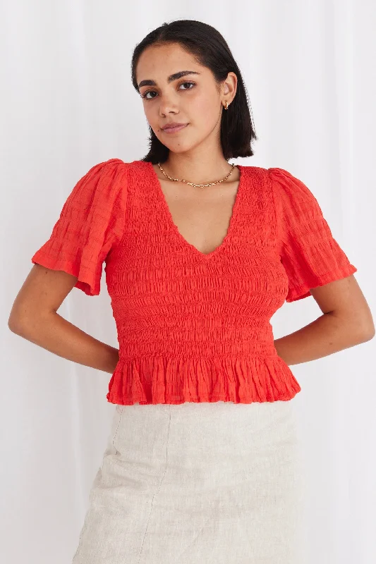 Feminine Dresses for Women in Bold Prints Dream Sunset Shirred Cotton V Neck SS Shirred Top Feminine Dresses for Women in Bold Prints Dream Sunset Shirred Cotton V Neck SS Shirred Top