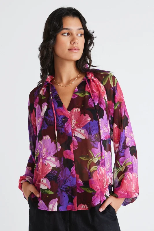 Comfortable Loungewear for Women Deft Purple Orchids Georgette LS Blouse
