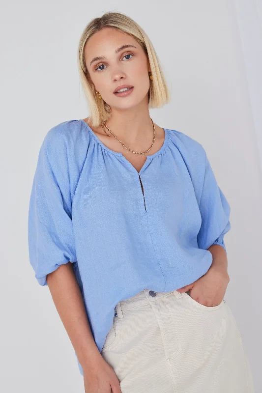 New Arrival Discount Revolution Cornflower Linen Relaxed Ss Top