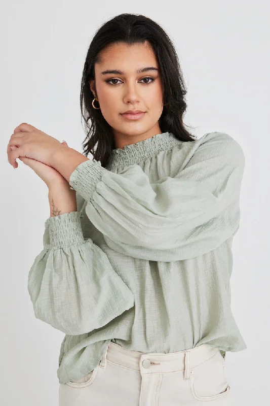 End Of Season Sale Clothing Embrace Sage Crinkle LS High Neck Shirred Puff Sleeve Top