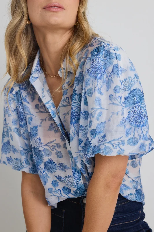 Trendy Women’s Apparel for All Seasons Harmony Blue Floral Bubble Sleeve Shirt
