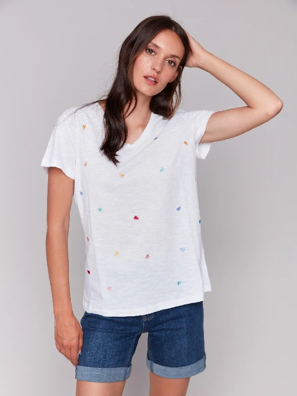 Best Clearance Sales Right Now Embroidered Cotton V-Neck T-Shirt - Hearts