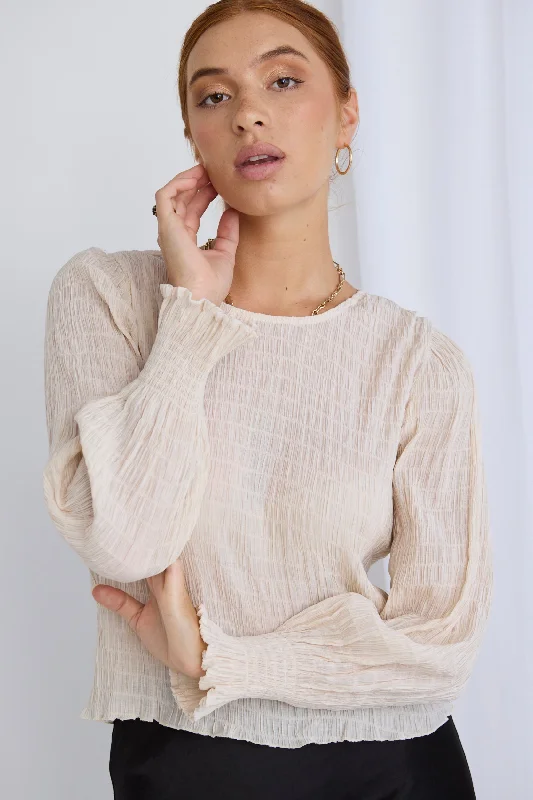 Fashionista Favorites Norah Ecru Shirred LS Crew Neck Top