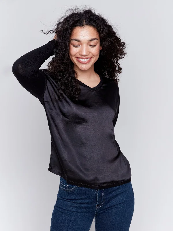 Women’s Activewear for Exercise and Sports Satin And Jersey V-Neck Knit Top - Black