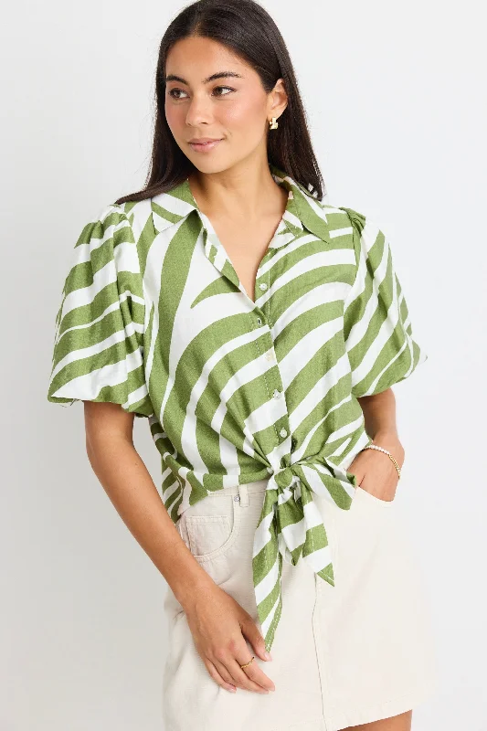 Flash Discount Exemption Green Zebra Tie Front SS Shirt