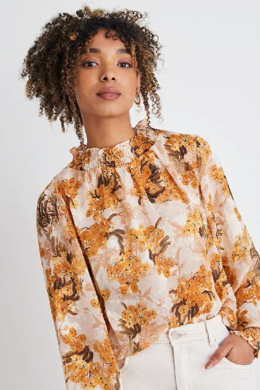 Sales Clothes Embrace Pearl Marigold Floral Ls High Neck Shirred Puff Sleeve Top